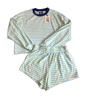 Daily Drills Women’s Malibu + Lemonade Striped Long Sleeve Top & Shorts Set M thumbnail 1