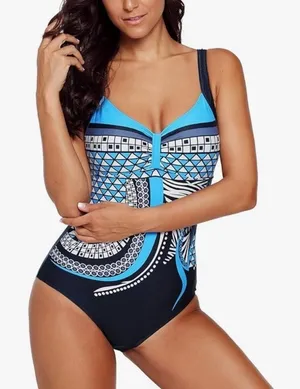 Women's Size Medium‎ One Piece Swimsuit Black Blue Beige Geometric V-Neck thumbnail 1