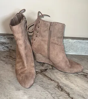 2 Lips Too Taupe Suede Wedge Ankle Boots with Lace-Up Back thumbnail 1