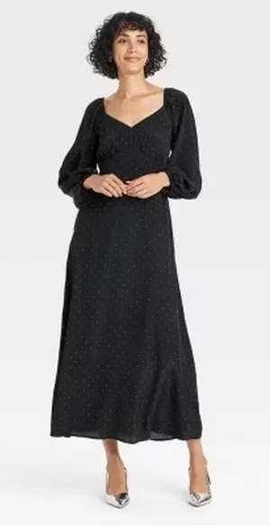 A New Day NWT Womens Long Sleeve Crepe Maxi A-Line Dress Black White Polka Dot S thumbnail 1
