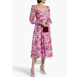 Badgley Mischka Floral‎ Chiffon Midi Dress Lavender Pink V-Neck Sz 2 Long Sleeve thumbnail 4