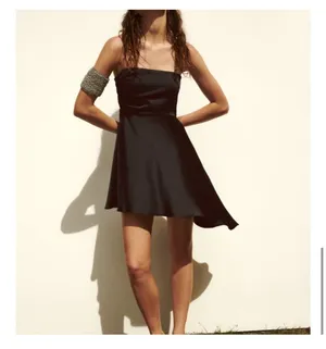 ZARA Asymmetrical Strapless Satin Effect Black Mini Dress thumbnail 2