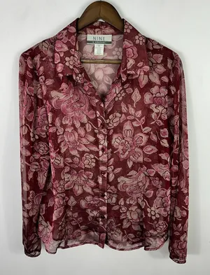 Nine & Co. Blouse 12 Sheer Burgundy Floral Witchy Whimsigoth‎ 90s Romantic thumbnail 1
