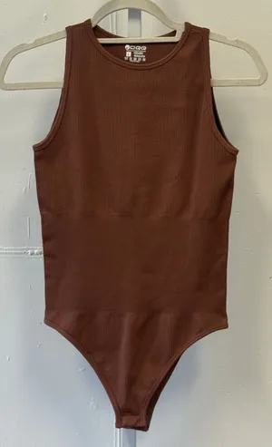 OQQ Ribbed Seamless Bodysuit Brown Sleeveless Crew Neck Thong Snap Large thumbnail 1