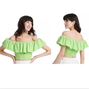Women’s XXL "A New Day" Ruffled Crop Top, Off the Shoulder, Lime Green XXL thumbnail 4