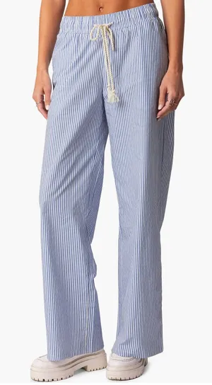 Edikted Blue and White Pinstripe Wide-Leg Pants thumbnail 1