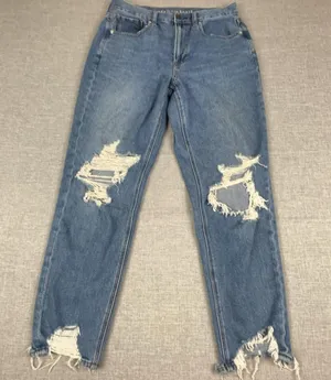 American Eagle Jeans Womens 6 Blue High Rise Mom Distressed Ripped Knees Raw Hem thumbnail 1
