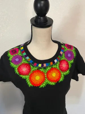 Embroidered Colorful Floral Mexican Blouse Black Size XL thumbnail 2