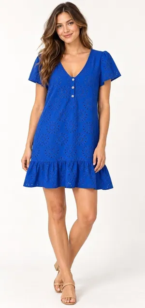 ModCloth Eyelet Dress Women Medium Blue Ruffle Hem V Neck Short Sleeve Mini thumbnail 1
