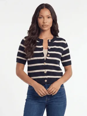 Striped Navy and White Short-Sleeve Knit Cardigan Size Medium NEW thumbnail 3