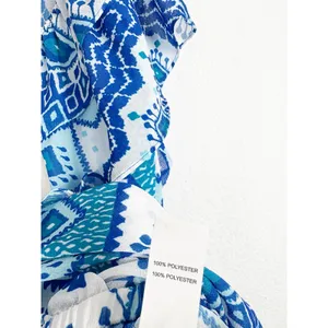 NWT RAMY Brook Milo Blue Printed Off The Shoulder Cropped Top Large Ruffle thumbnail 7