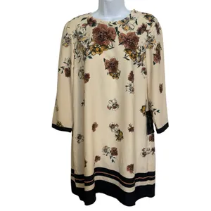 ZARA Floral Cream Brown Striped Hem 3/4 Sleeve‎ Shift Mini Dress NWT $70 Medium thumbnail 2