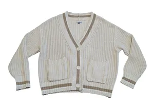 American Eagle AE Tipped Button-Up Cardigan Sweater Chunky Knit Cream Preppy Tan thumbnail 1