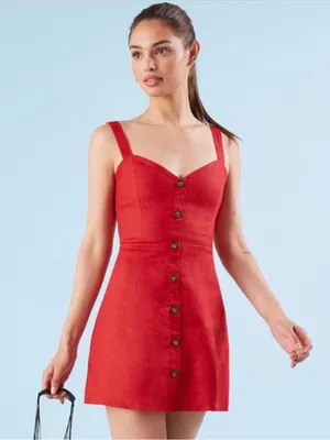 Reformation Red Button Smocked linen Mini Dress thumbnail 2