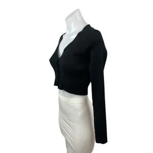 Windsor Black Ribbed Knit Long Sleeve V Neck Button Up Cardigan Crop Top Size S thumbnail 3