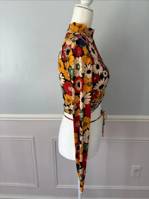 Bershka Floral Ruched Mock-Neck Long Sleeve Crop Top Tie Front Sz Med Retro thumbnail 6