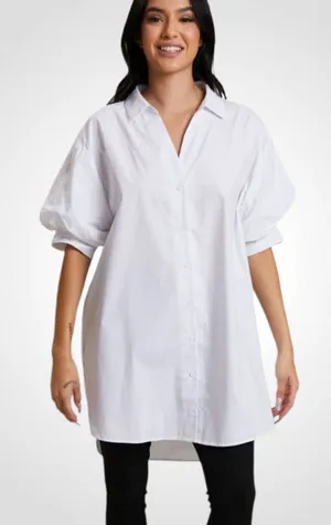 GeeGee White Cotton Button-Front Puff Sleeve Tunic Large thumbnail 1