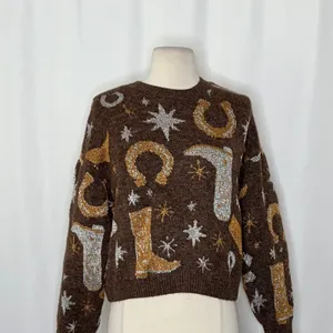 ZARA Western Cosmic Cowboy Boots Stars Jacquard Sweater Metallic Crewneck Small‎ thumbnail 3