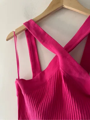 Zara Hot Pink Ribbed‎ Cross Halter Crop Top Knit Tank thumbnail 3