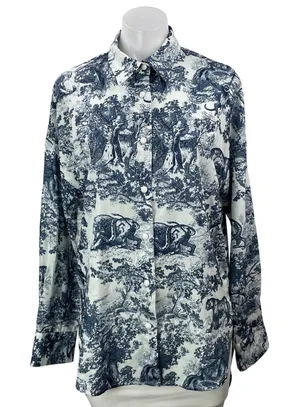 Commense Women's Blue White Long Sleeves Animal Print Button Down Shirt Top Sz S thumbnail 1