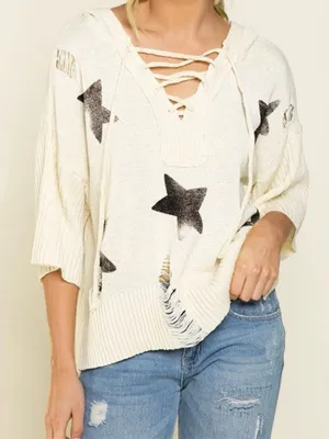 POL Distressed Star Print Knit Hoodie Sweater Cream Ivory Small Like New thumbnail 1