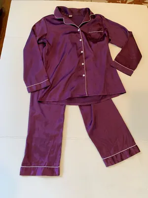 Women’s Small Purple Satin Button Front Long Sleeve Top and Pants Pajama Set thumbnail 1