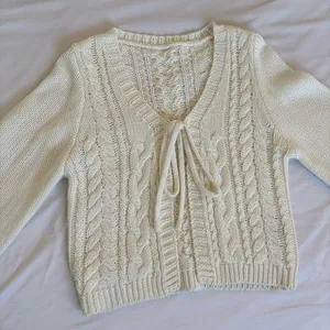 White Knit Bow Front Tie Cardigan thumbnail 2