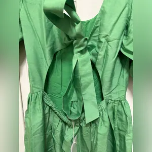 NWT & Other Stories Sea Green Silk Puff Sleeve Tie Back Voluminous Midi Dress 6 thumbnail 11