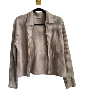 Abercrombie & Fitch Taupe Ribbed Knit Collared Pearl Button Cardigan Size S thumbnail 1