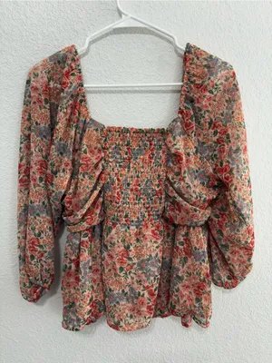 American Eagle Outfitters Peach Floral Ruched Peplum Blouse thumbnail 3