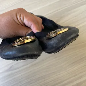 Tory Burch Black Leather Flats with Gold Logo thumbnail 5