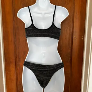 NWT Aerie Sparkle Straight Scoop‎ Bikini Top Cheekiest Bottoms Small Black thumbnail 6