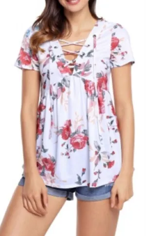 White Floral Lace Up V Neck Top thumbnail 1