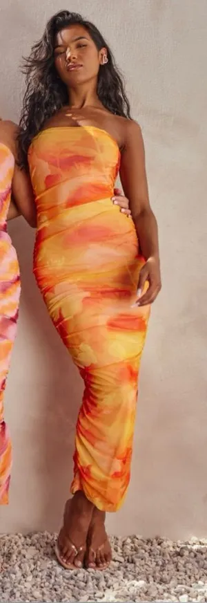 PrettyLittleThing Orange Floral Mesh Bandeau Ruched maxi dress size 2 thumbnail 1