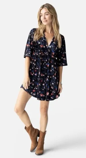 Natural Life Stella V-Neck Mini Black Velvet Vintage Floral Dress Boho Sz M thumbnail 1