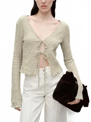 Mango Cotton Textured Cardigan with Bows NWT Light/Pastel Grey Large thumbnail 1