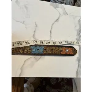Nocona Womens Floral Tooled Leather Belt Rhinestone Hibiscus Western Brown Large thumbnail 5
