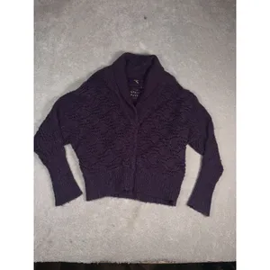 Free People Sweater Cardigan Wool Blend 4 Snap Purple Open Weave Chunky Knit M thumbnail 5