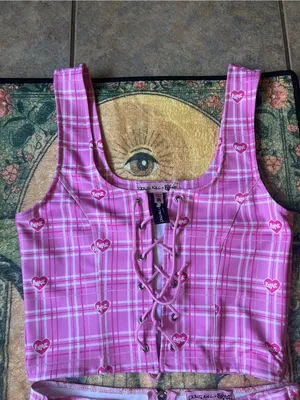 Dolls Kill bratz set Pink Plaid Lace-Up Crop Top & Belted Mini Skirt Set thumbnail 3