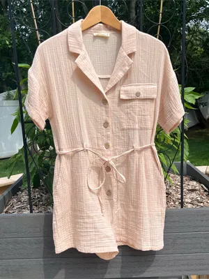 New In Women’s 100% Cotton Gauze Light Beige Romper Size S Safari Boho Coastal thumbnail 1