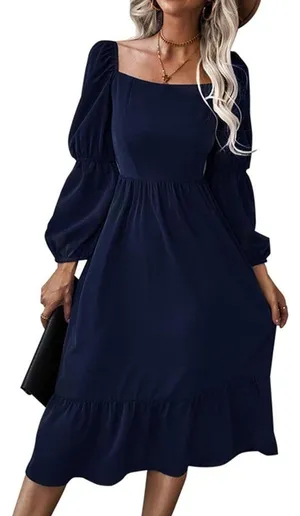 NEW Navy Blue Smocked Square Neck Puff Sleeve Ruffle Hem Dress Size XL thumbnail 2