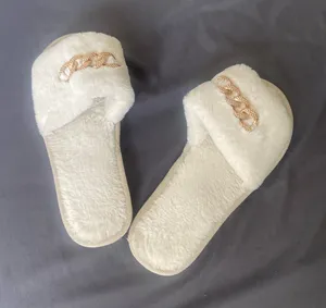 Faux Fur Slide Slippers with Gold Chain Detail thumbnail 1