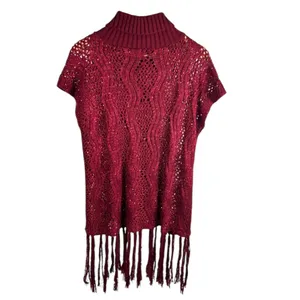 Burgundy Open-Knit Sleeveless Sweater with Sequins‎ & Fringe - One Size thumbnail 2