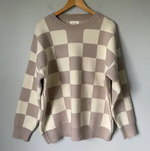 Bohme Boutique Knit Boho Sweater Crewneck Checkered Pattern Brown Cream Size Med thumbnail 1