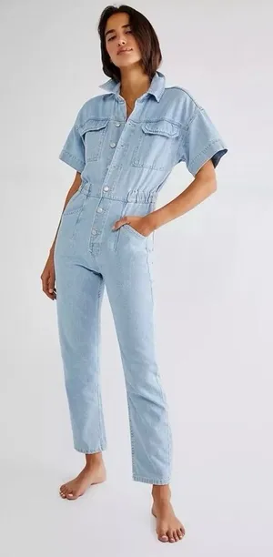 Free People We The Free Marci coveralls Denim Jumpsuit in Clear Skies Size Large thumbnail 1