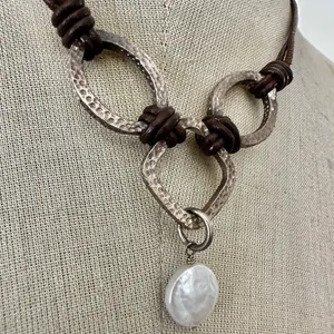 Silpada Sterling Silver & Leather Coin Pearl Necklace thumbnail 3