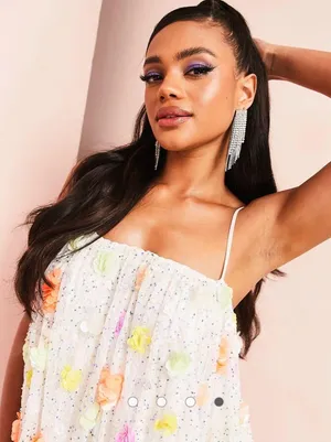 ASOS LUXE 3D embellished floral bubble mini dress in multi thumbnail 4