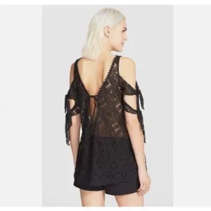 Free People Womens Small Top Black Geo Sands Lace‎ Cold Shoulder Boho Crochet thumbnail 7