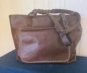 WEIMEIBAIGE Brown Faux Leather Tote Bag Braided Straps Whipstitch Pocket thumbnail 1