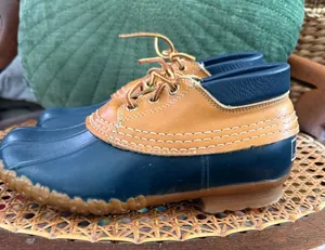 Vintage 80s LL Bean Maine Hunting Shoes Womens 7M Navy Tan Duck Bean Boots USA thumbnail 1